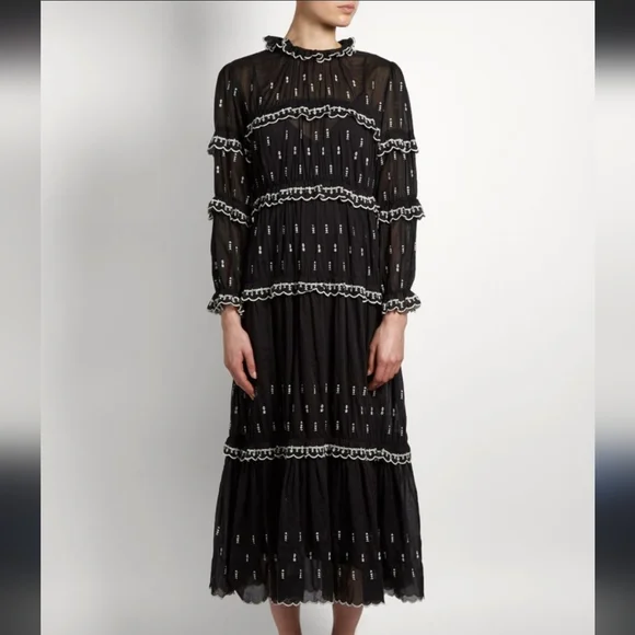 Isabel Etoile Morant Lyukio black cotton scalloped embroidered midi dress M-L